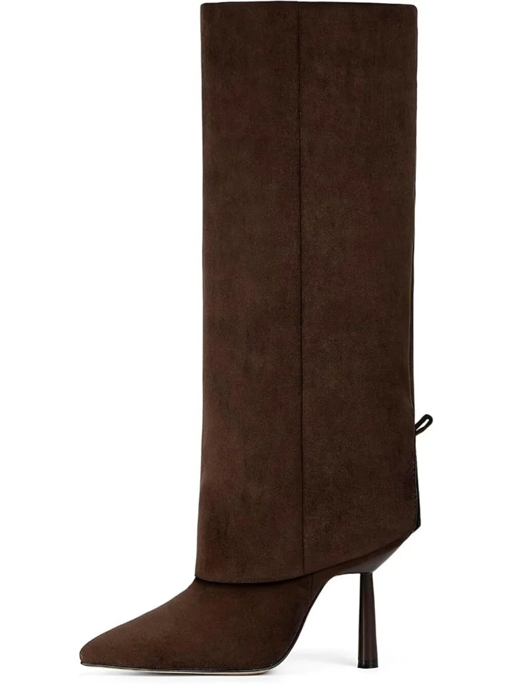 Women's Chocolate Faux Suede Pointed Toe Stiletto Heel Fold Over Knee High Boot